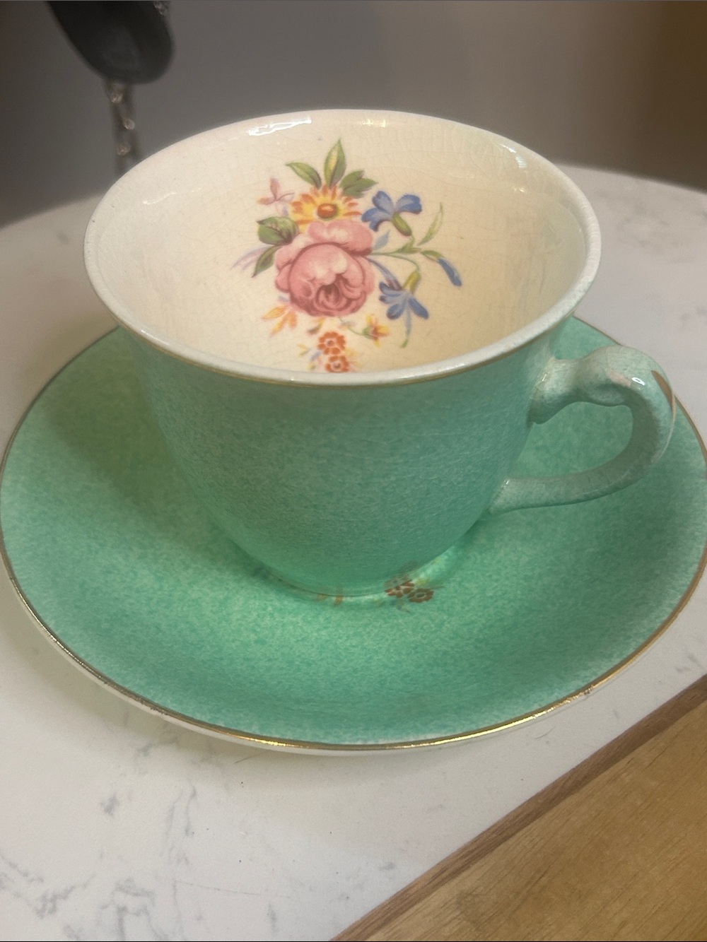 Vintage Aynsley Mint Green Floral Teacup and Saucer Set